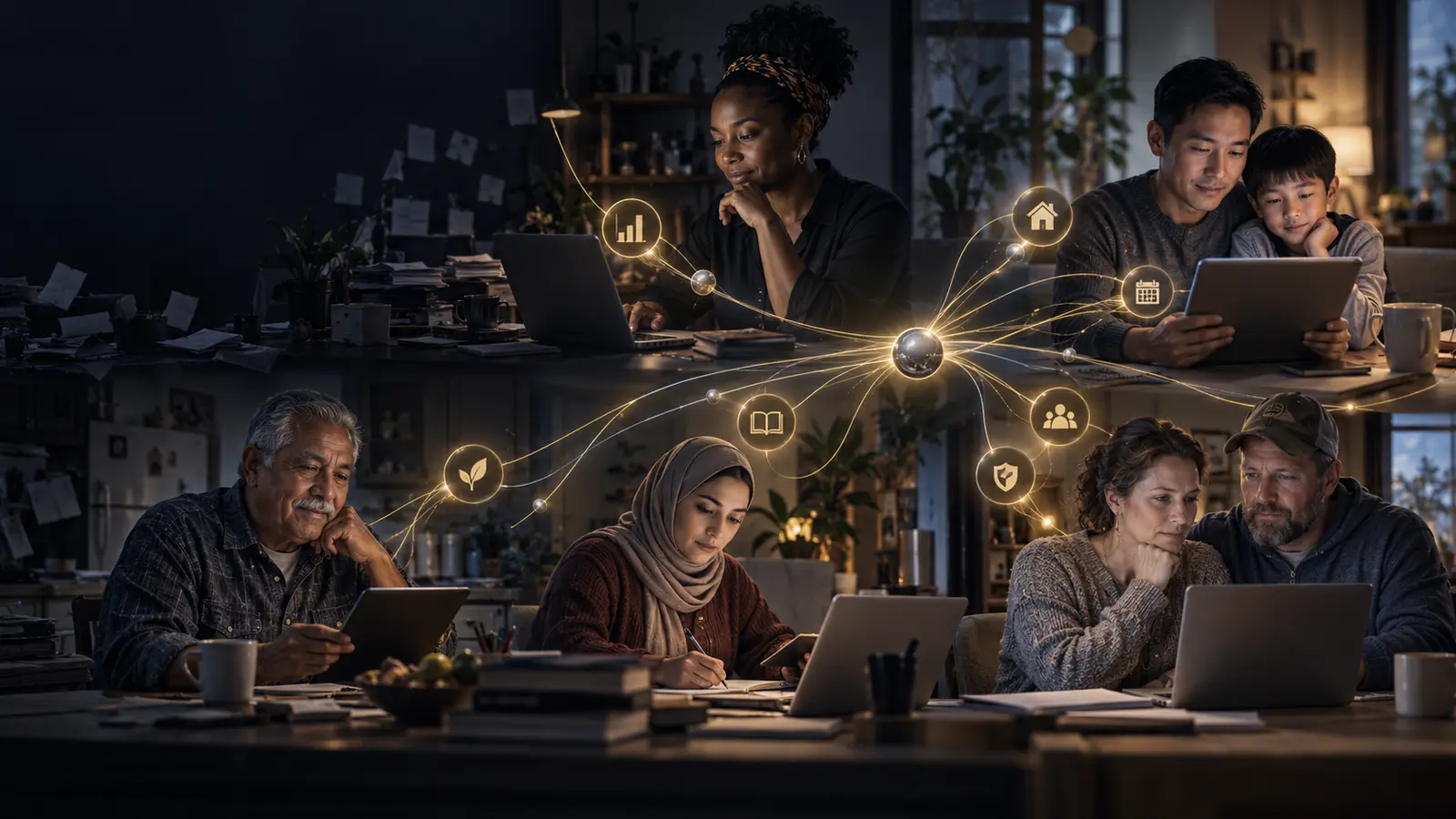 Five people using private AI companions for separate parts of life, each connected into their own governed personal context.