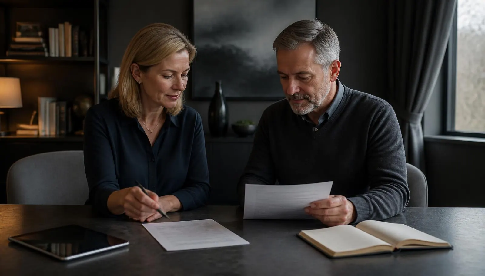 Illustration of a homeowner and adviser comparing documents beside a tablet.
